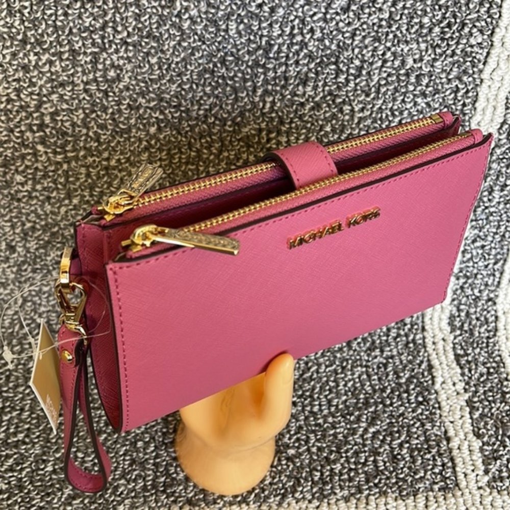 Michael Kors Jet Set Travel Large Double Zip Wristlet Wallet Rosewood Leather - Picture 3 of 16